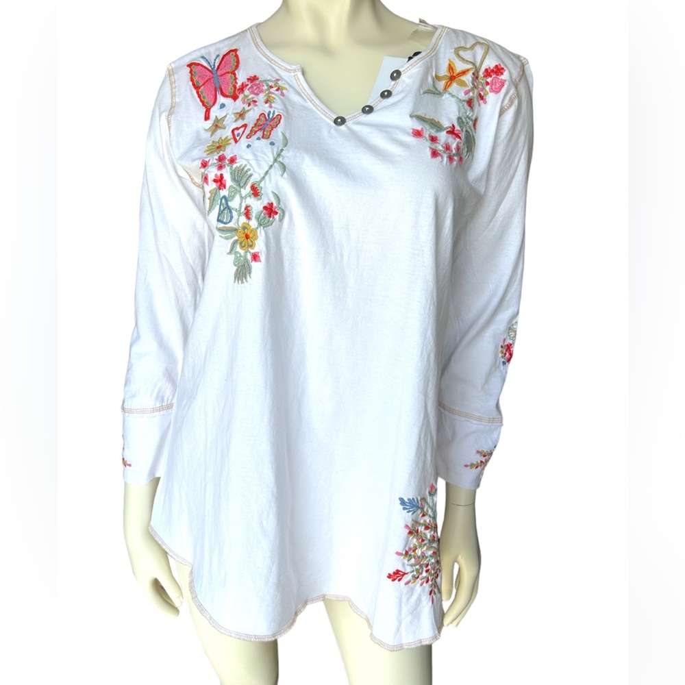 Caite women’s tunic, hand made embroidered flowers and butterflies Size S